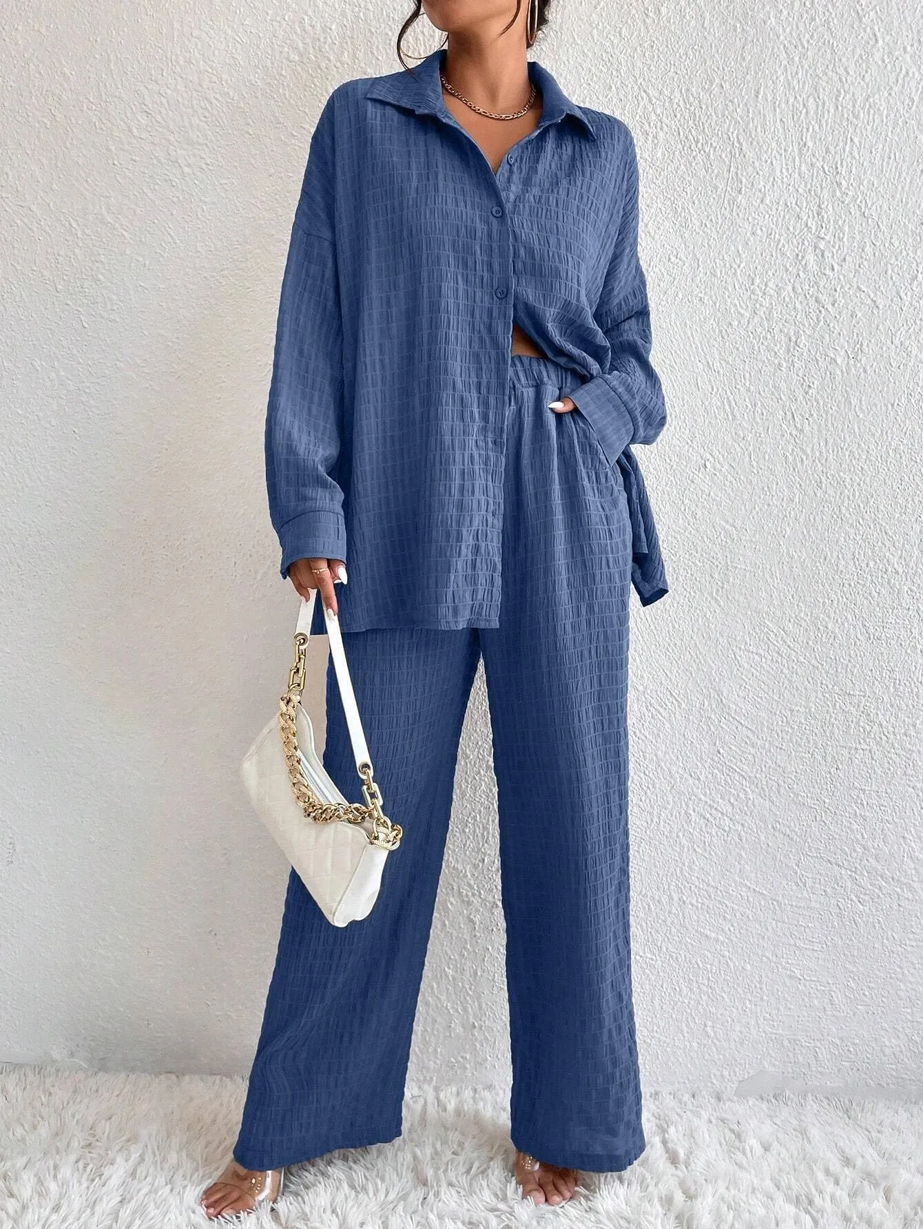 Solid Color Texture Button-Down Shirt And Straight Pants SS24