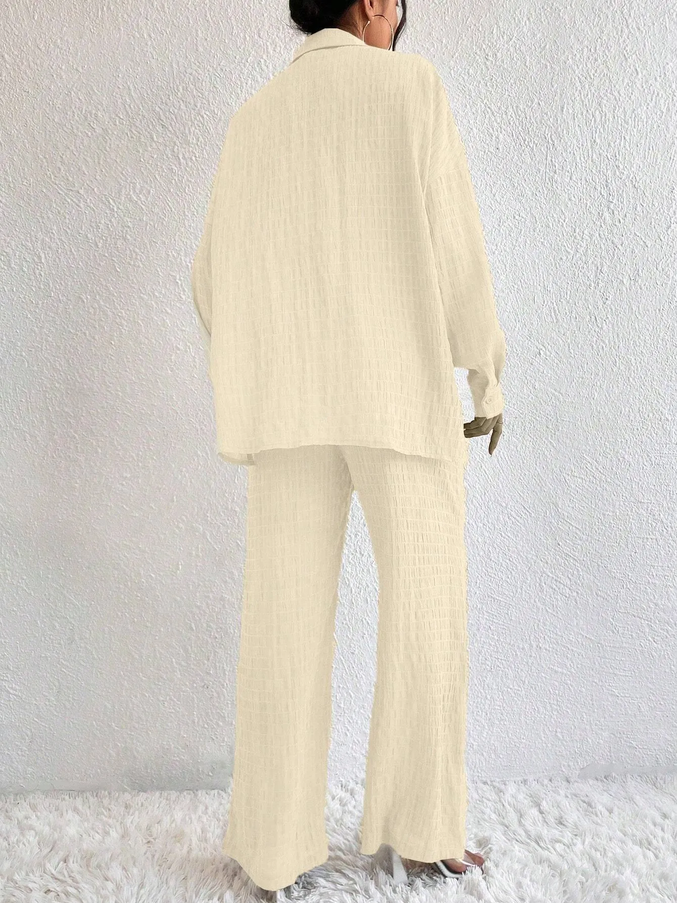 Solid Color Texture Button-Down Shirt And Straight Pants SS24