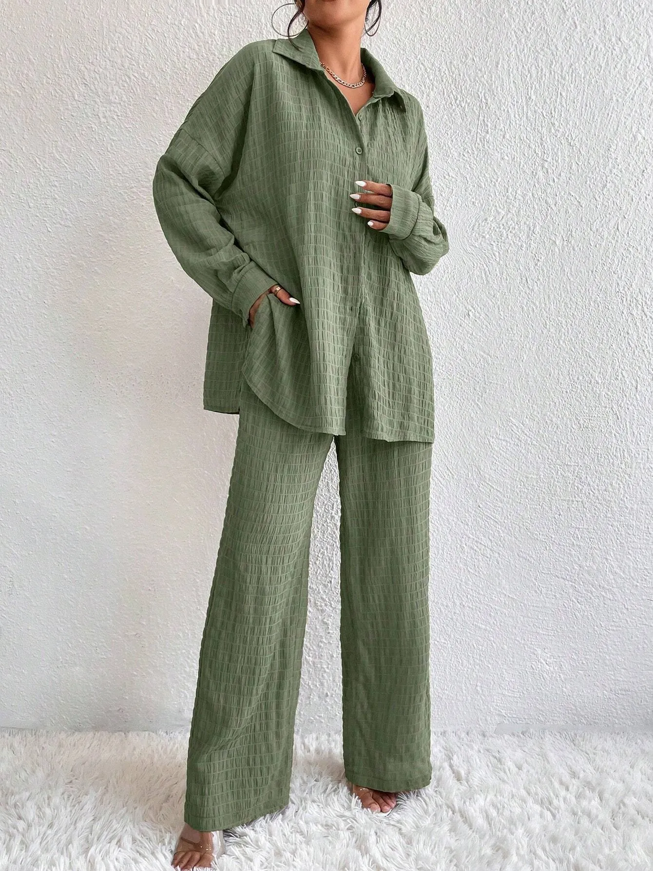 Solid Color Texture Button-Down Shirt And Straight Pants SS24