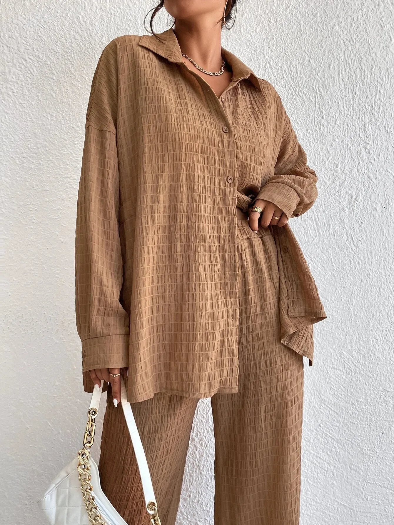 Solid Color Texture Button-Down Shirt And Straight Pants SS24