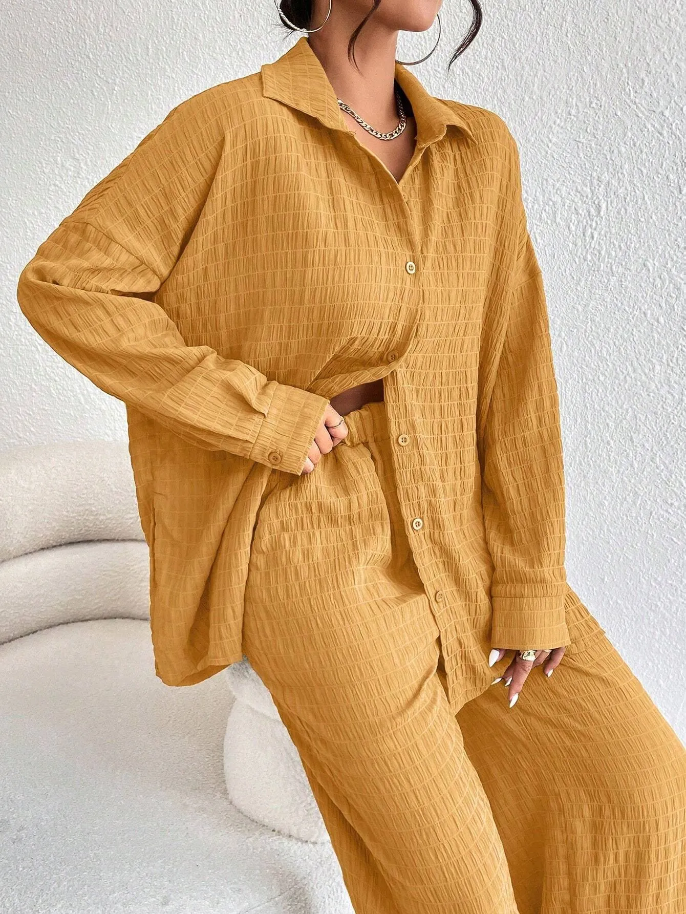 Solid Color Texture Button-Down Shirt And Straight Pants SS24