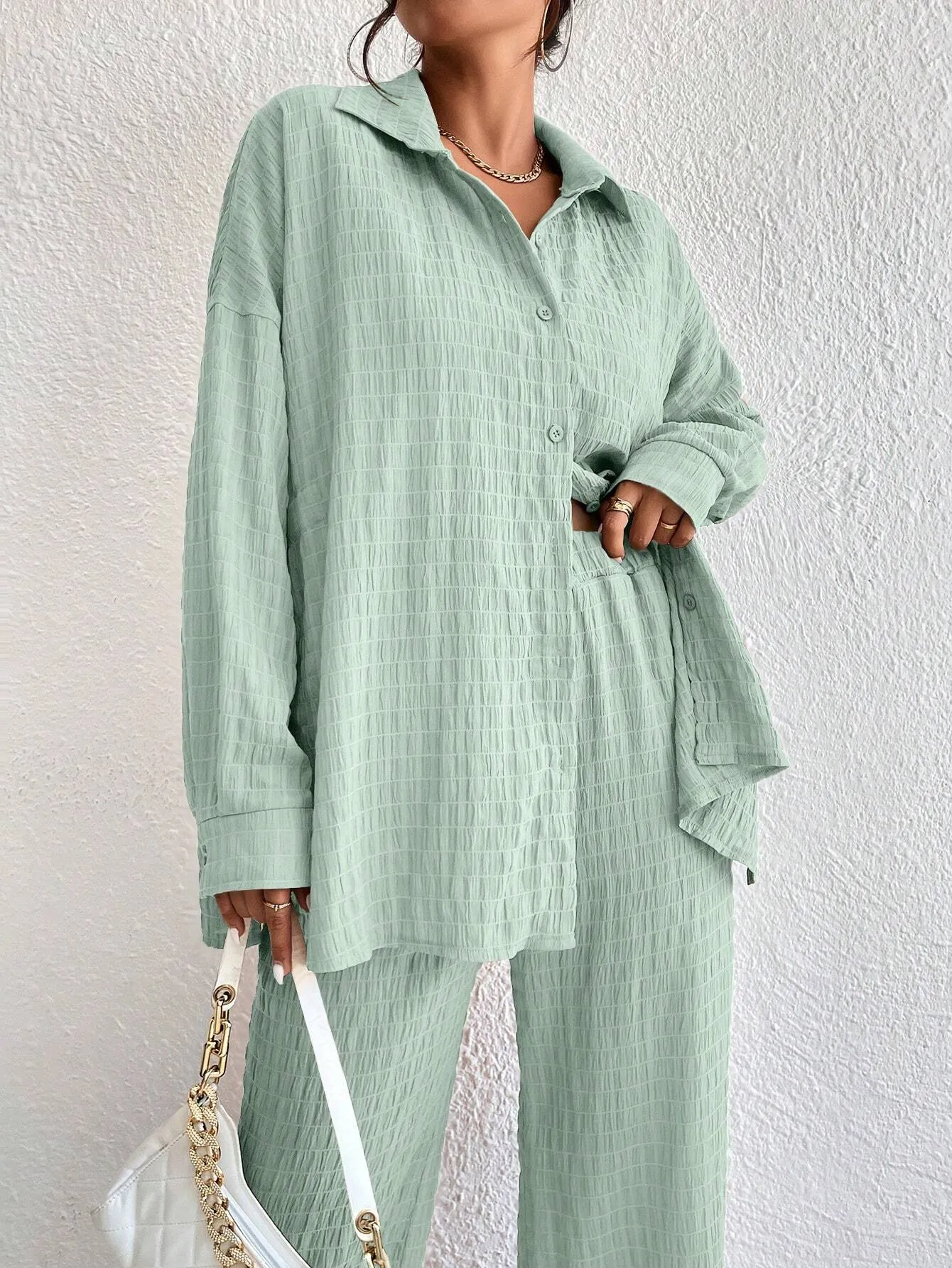 Solid Color Texture Button-Down Shirt And Straight Pants SS24