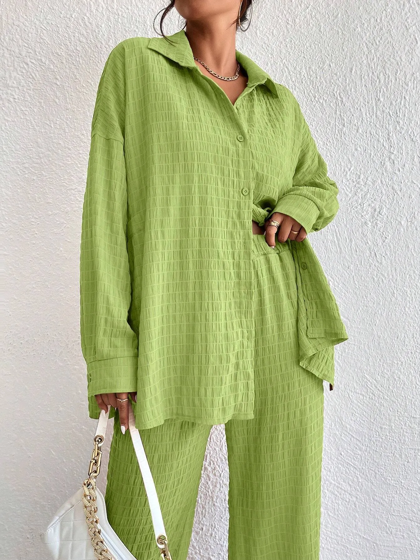 Solid Color Texture Button-Down Shirt And Straight Pants SS24