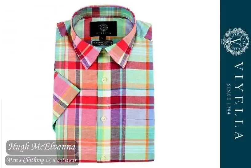 Viyella Classic Fit Pastel Madras Check Short Sleeve Supima Cotton & Linen Shirt Style: VY0524H-648