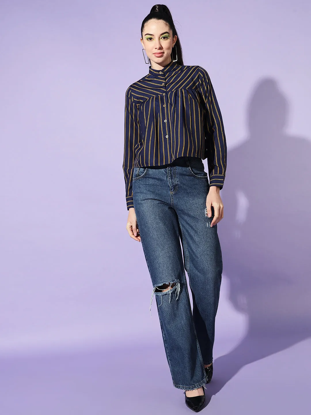 Women Navy Blue Boxy Striped Casual Shirt
