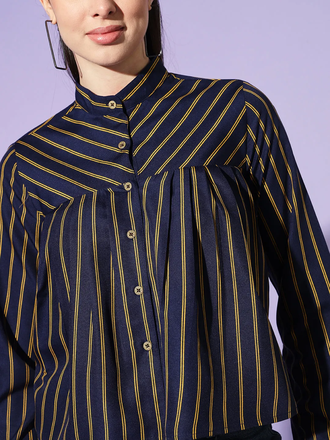 Women Navy Blue Boxy Striped Casual Shirt