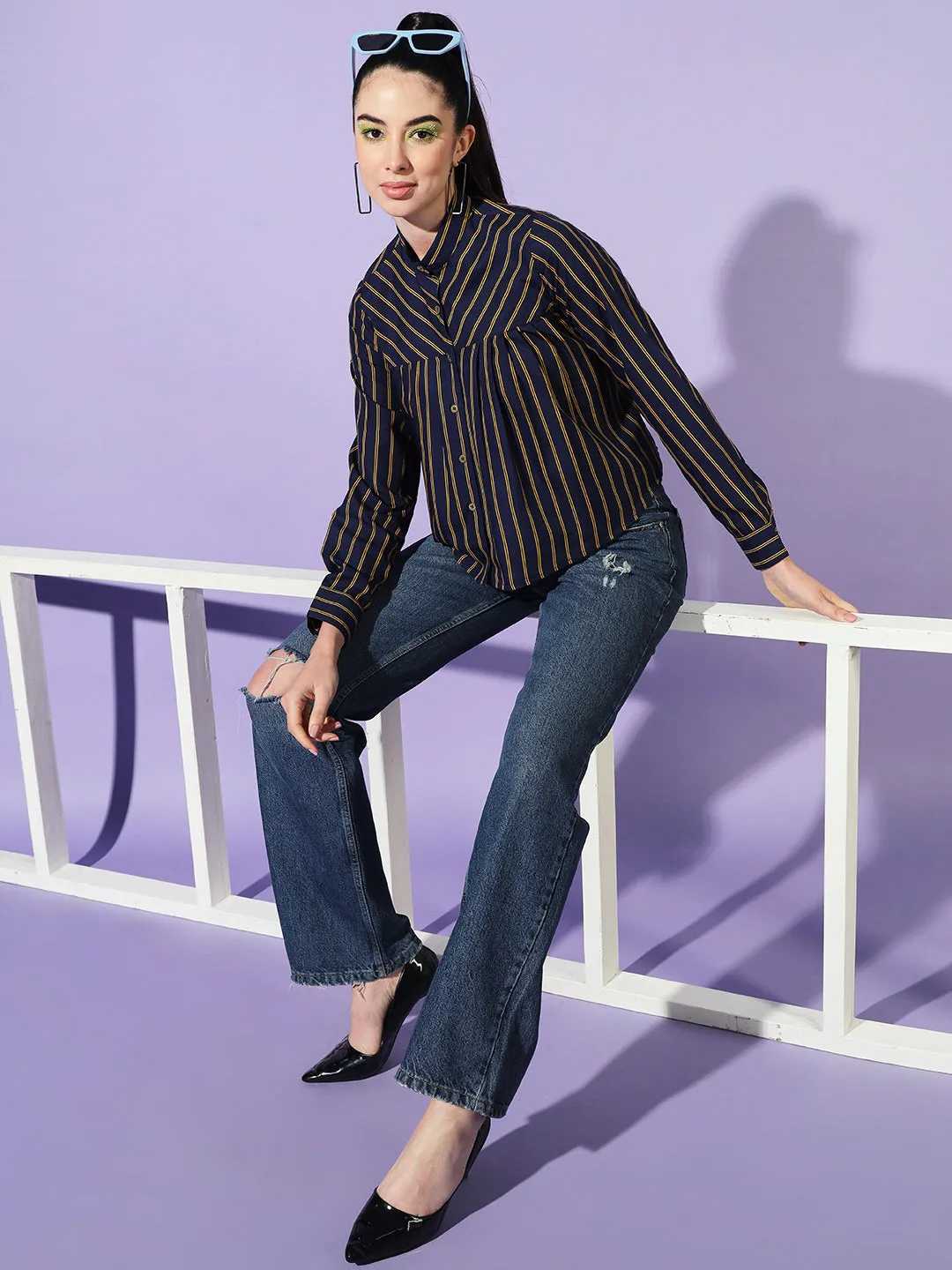 Women Navy Blue Boxy Striped Casual Shirt