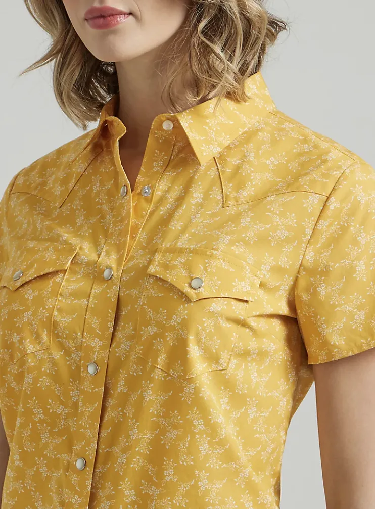 WRANGLER LADIES SHORT SLEEVE FLORAL YELLOW WESTERN SNAP TOP STYLE 112347162