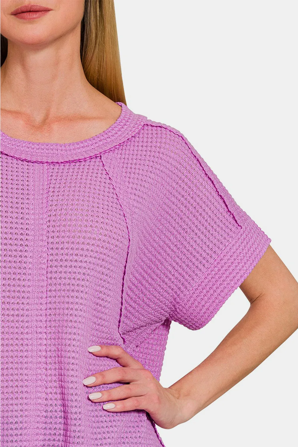 Zenana Waffle Exposed-Seam Short Sleeve T-Shirt - ONLINE ONLY - 7-10 DAY SHIPPING